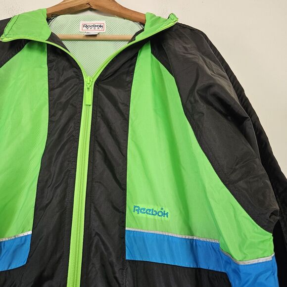 Vtg 90s Reebok Windbreaker Mens L Track Jacket Neon Colorblock Zip Up Pockets - Picture 2 of 10